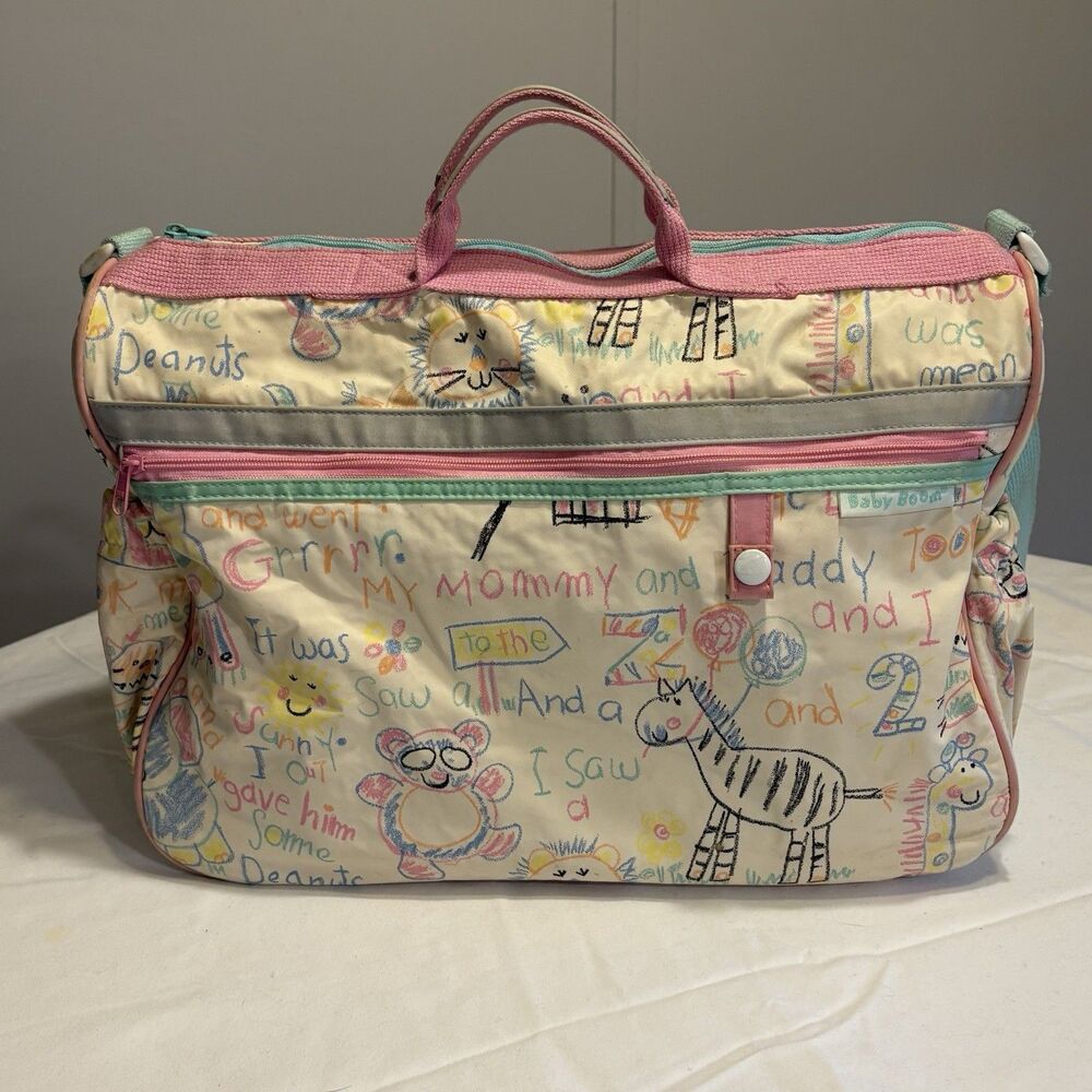 Vintage 90s Baby Boom Diaper Bag Zoo Animals Doodle Pink Blue Mommy Daddy